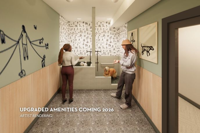 The pool at the 1800 at Barrett Lakes is surrounded by lush greenery and families enjoying a sunny day.